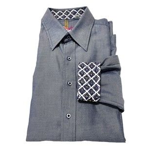 ROBERT GRAHAM Blue Gray Flip Cuff Classic Long Sleeves Men's Dress Shirt Sz L